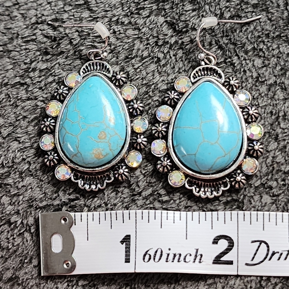 Turquoise and Silver Teardrop Earrings with Iridescent Crystals - Picture 3 of 7